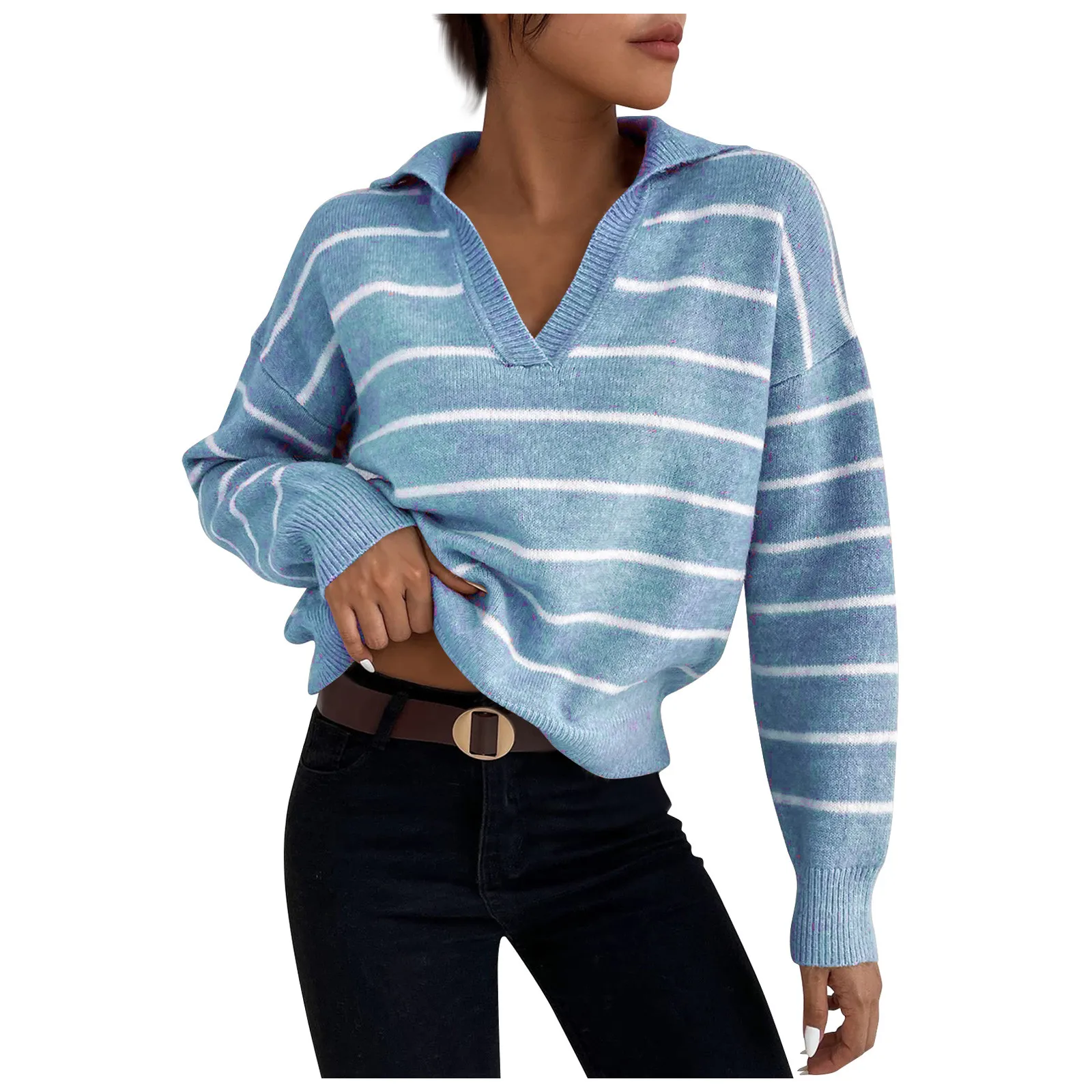 

Female Autumn and Winter clothing 2023 Women's Long Sleeve Striped Pullover Sweaters V Neck Collar Knit Loose Jumper Tops