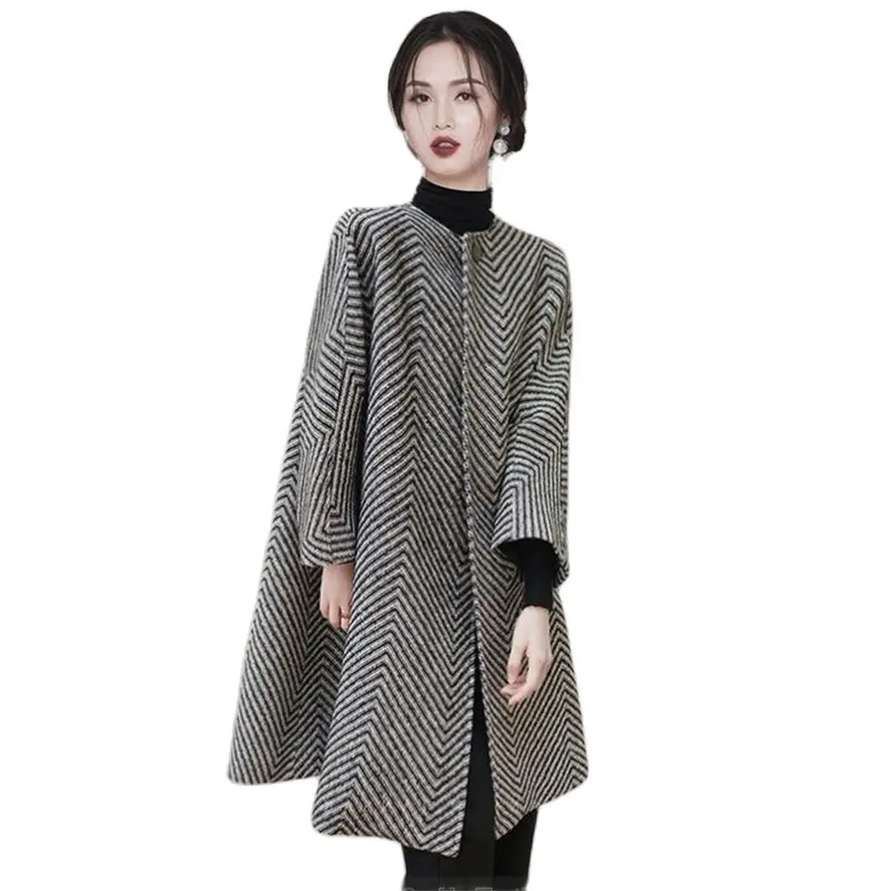 

Female 30% Woolen Stripe Cloak Cape Woolen Loose Outerwear Fashion Overcoat Belt Grace Tops Winter Clothing Long Coat