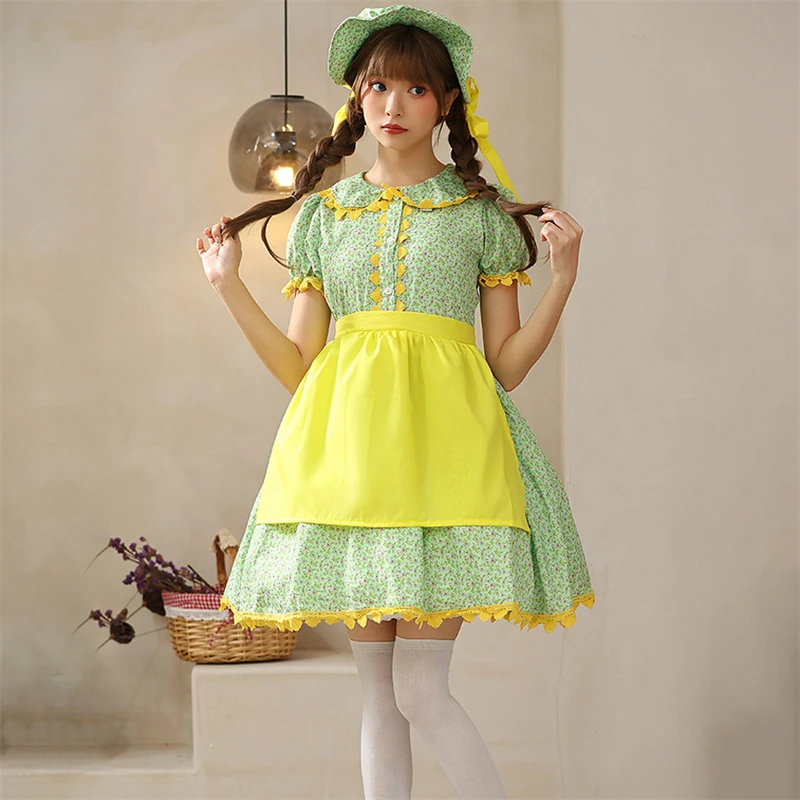 Cute Cosplay Maid Outfit Japanese Sweet Doll Collar Summer Short Sleeved Set Floral A-Line Skirt Yellow Green Patchwork Dress
Cute Cosplay Maid Outfit Japanese Sweet Doll Collar Summer Short Sleeved Set Floral A-Line Skirt Yellow Green Patchwork Dress