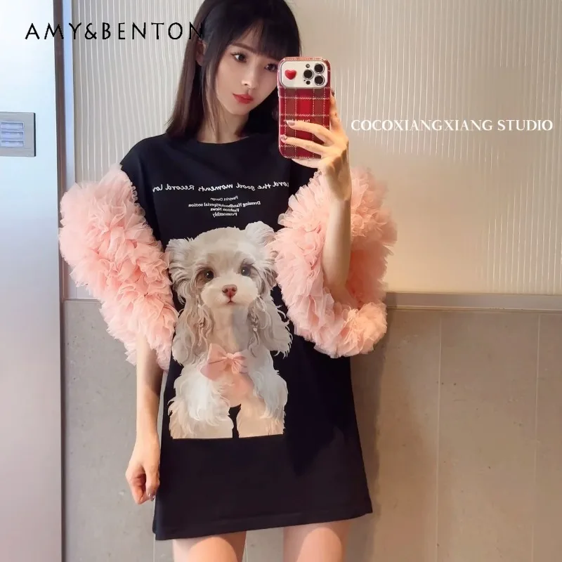 

Fashion Brand Heavy Industry Stitching Puffy Mesh Sleeves Vestidos Cartoon Print Youthful-Looking Loose Slimming T-shirt Dresses