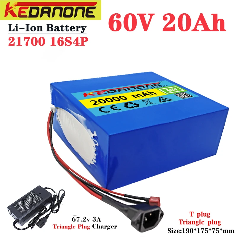 New 60V 20Ah 21700 Lithium Battery Pack 16S4P 1000W-3000W Electric Bike Motorcycle Scooter Battery +67.2V 3A Charger
New 60V 20Ah 21700 Lithium Battery Pack 16S4P 1000W-3000W Electric Bike Motorcycle Scooter Battery +67.2V 3A Charger