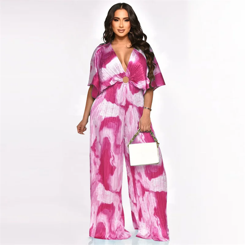 

Summer Deep V Neck Batwing Sleeve Women Sexy Long Pleated Jumpsuits Tie Dye Print Stripe Loose Wide Leg Jumpsuit Casual Rompers