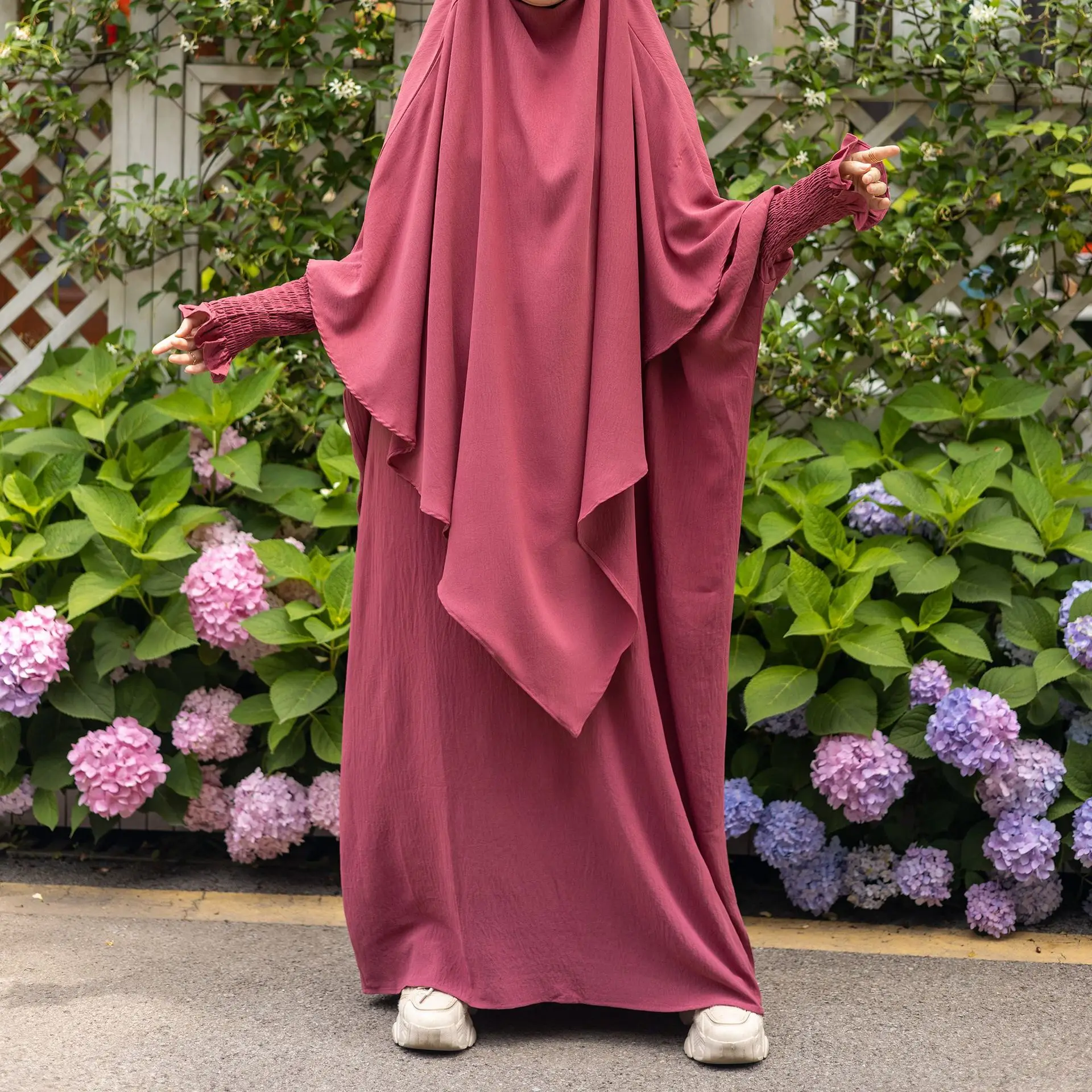 

Комплект Khimar из 2 предметов абайя Дубай мусульманская молитвенная одежда женское свободное платье на молнии спереди с одним слоем хиджаб Рамадан ИД никаб