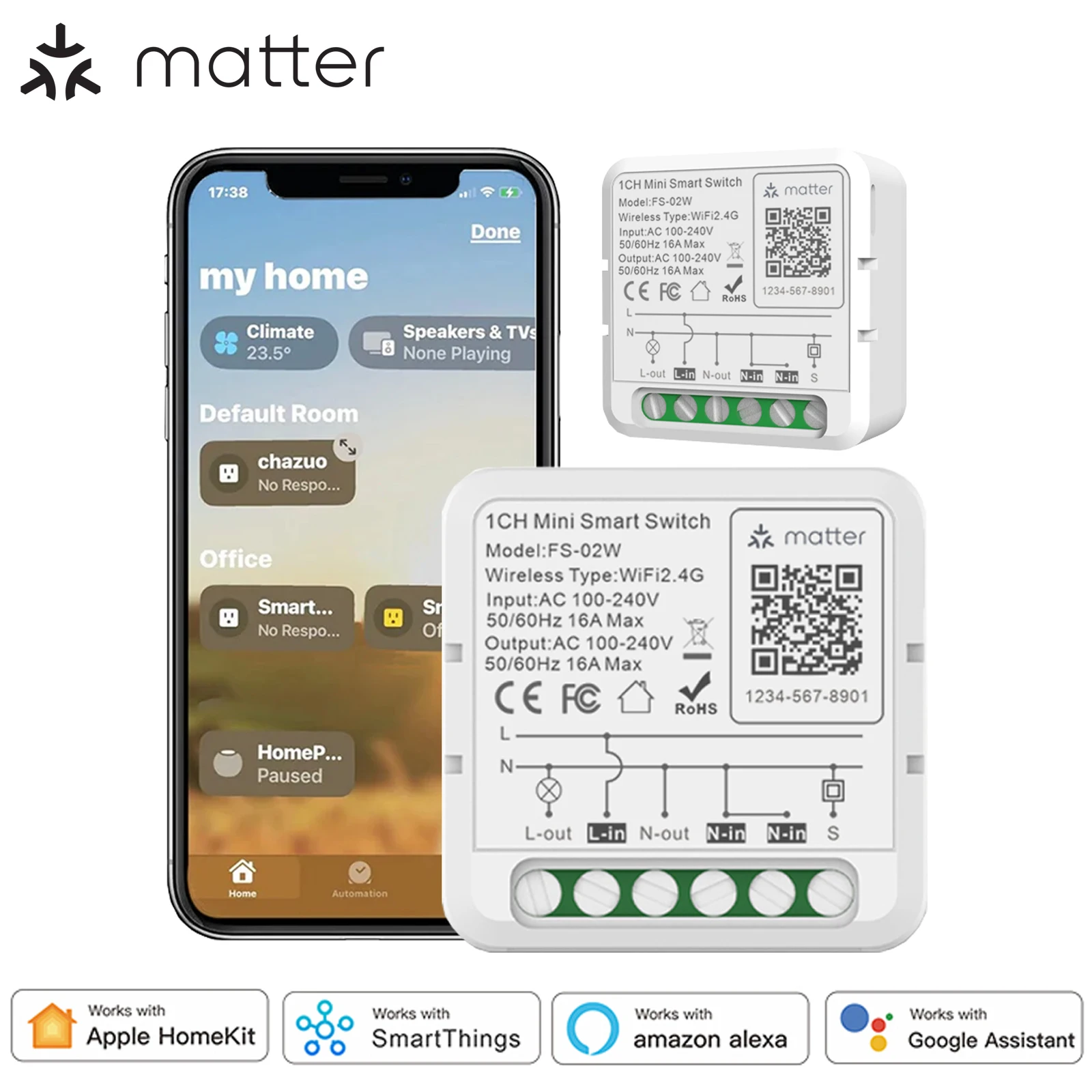 

Matter WiFi Smart Switch Module Smart Home 16A Automation Light Switch Relay Module Works with Homekit Siri Alexa Google Home