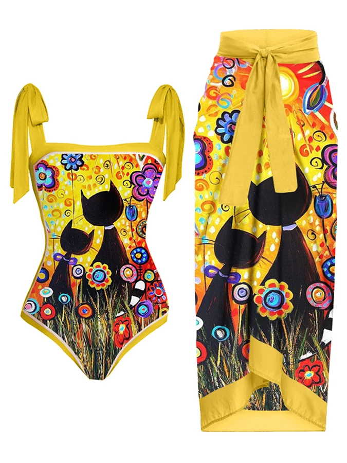 Vintage Bathing Suit fashion Cat Print One Piece Swimsuit with Cover Up Push Up Women Swimming Bikini Summer Beachwear Brazilian 
Vintage Bathing Suit fashion Cat Print One Piece Swimsuit with Cover Up Push Up Women Swimming Bikini Summer Beachwear Brazilian