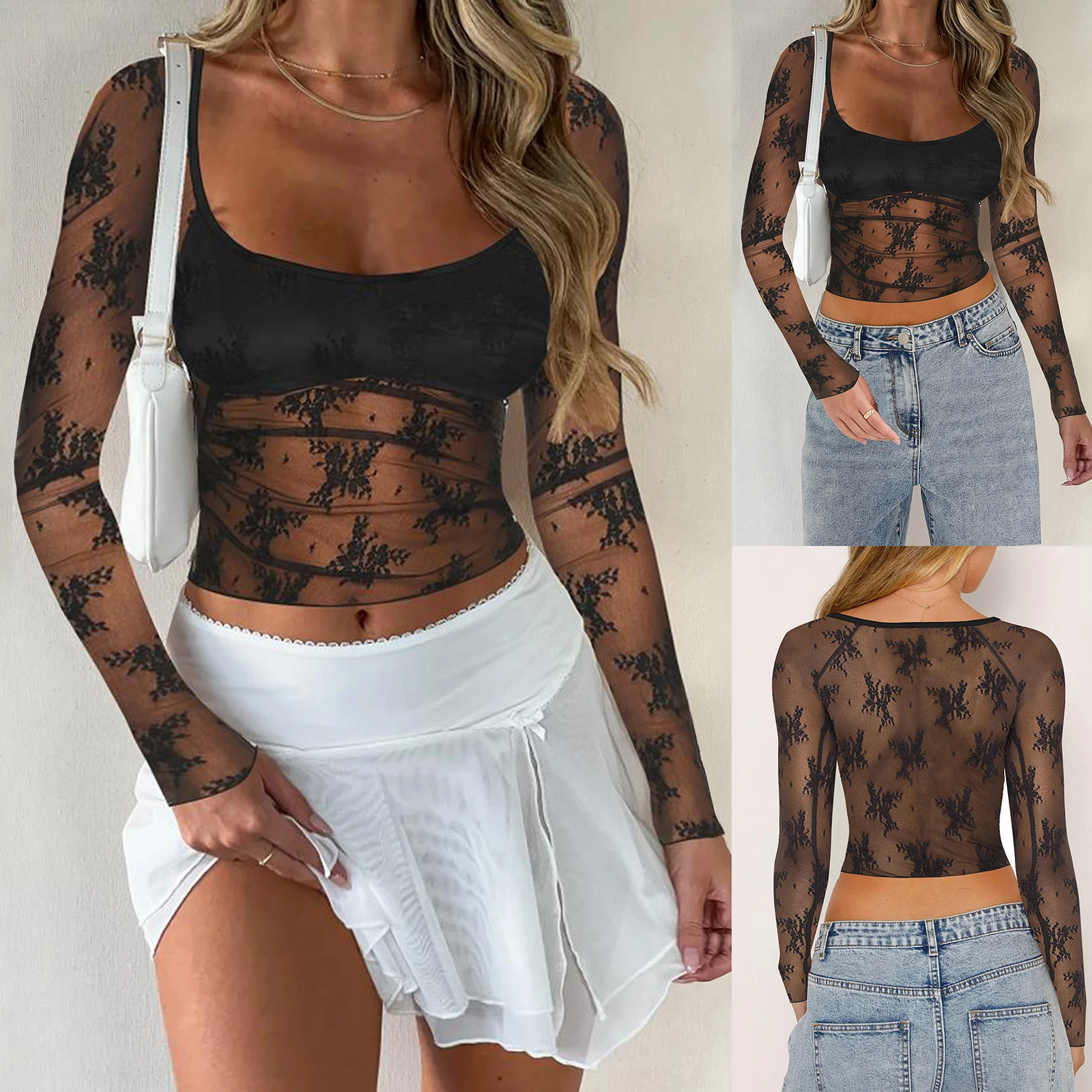 Sexy Transparent Long Sleeve Crop Tops Black Sheer Lace Floral T-U Neck Women's Summer Spring Clothing
Sexy Transparent Long Sleeve Crop Tops Black Sheer Lace Floral T-U Neck Women's Summer Spring Clothing