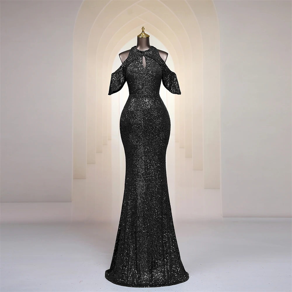 

Elegant Black Sequins Mermaid Evening Dresses Long Trumpet Keyhole Neck Off Shoulder Aso Ebi Women Prom Dress Party Formal Gown