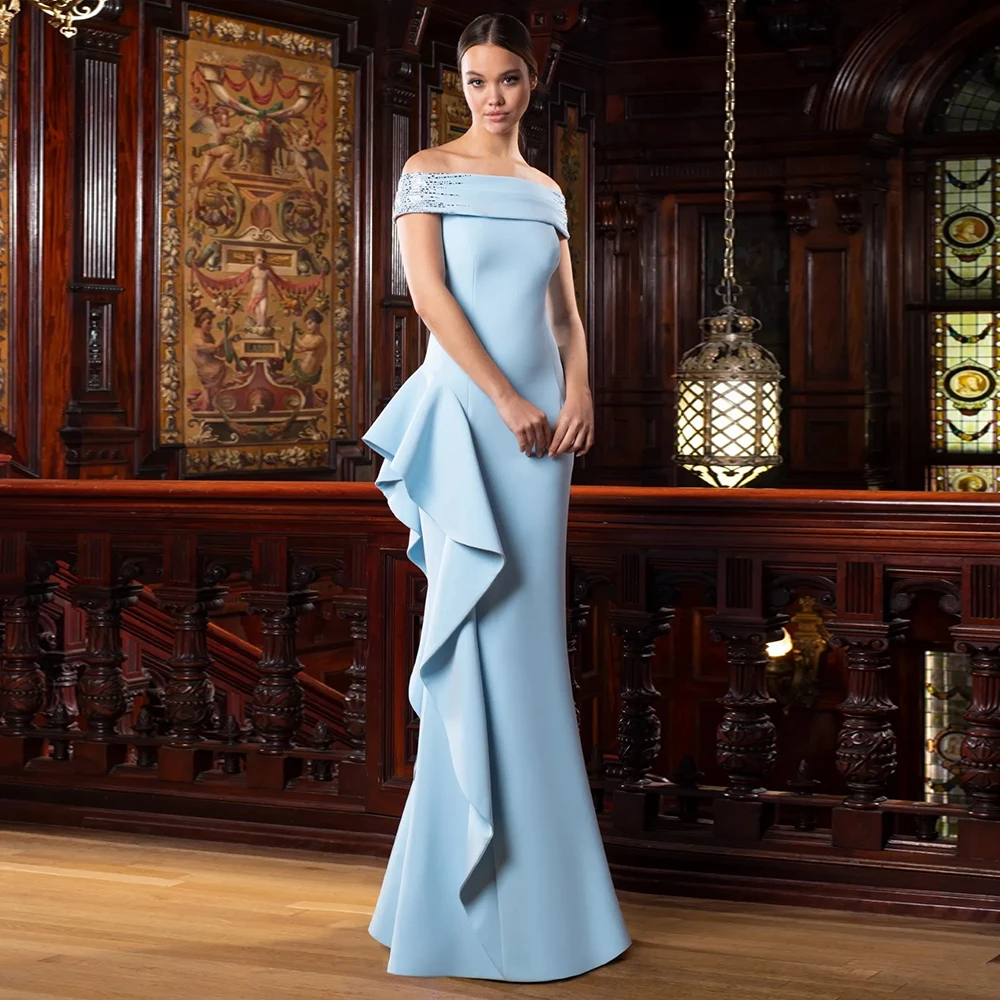 Elegant Sky Blue Mother of the Bride Dresses Off the Shoulder Wedding Party Gowns Ruffles Mermaid Floor Length فساتين السهرة
Elegant Sky Blue Mother of the Bride Dresses Off the Shoulder Wedding Party Gowns Ruffles Mermaid Floor Length فساتين السهرة