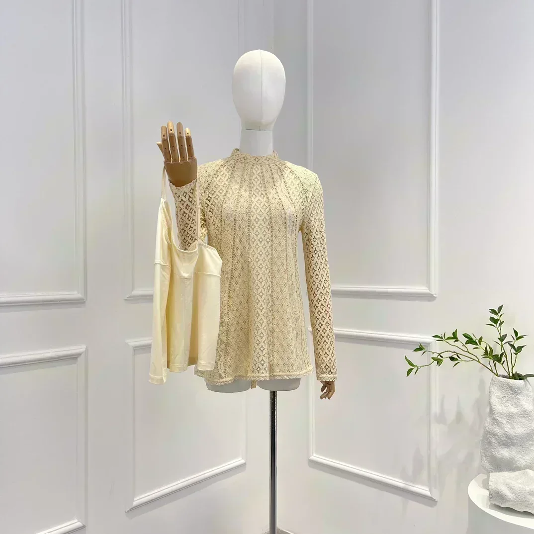 

Хлопковая Новая коллекция 2023, элегантная однотонная кружевная ажурная Женская Повседневная Блузка высокого качества с длинными рукавами