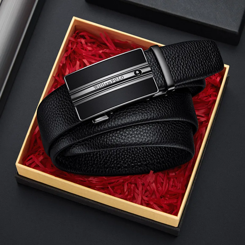 

WILLIAMPOLO Men Leather Belt Metal Automatic Buckle Brand High Quality Luxury Belts for Men Famous Work Business Black Cowskin