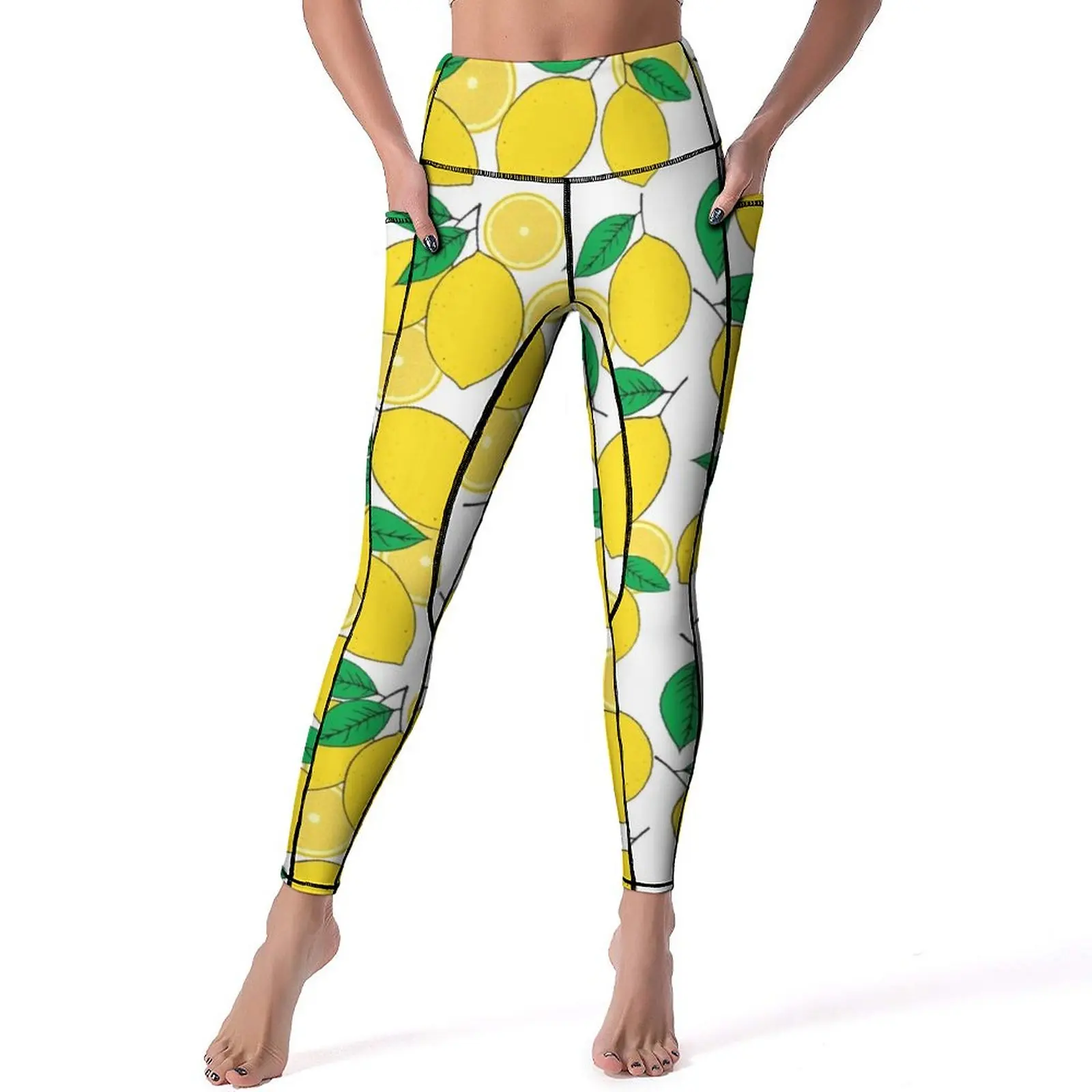 

Lemon Print Leggings Sexy Green Leaves Fitness Running Yoga Pants Push Up Stretch Sports Tights Pockets Casual Graphic Leggins