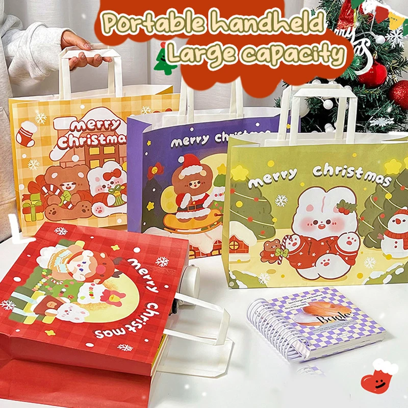 

Бумажные подарочные пакеты с надписью "Merry Christmas", сумки для упаковки конфет, печенья, товары для рождественской вечеринки, Мультяшные милые вместительные сумки-тоут