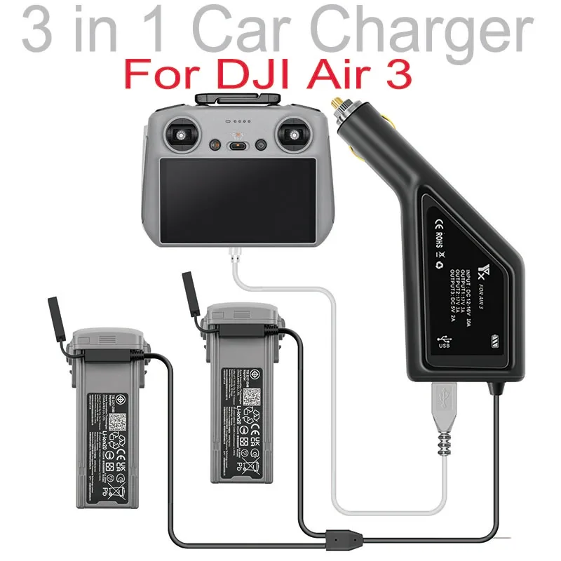 

Автомобильное зарядное устройство 3 в 1 с двумя аккумуляторами для DJI Air 3 с USB-портом, пультом дистанционного управления для дрона, автомобильный зарядный концентратор для Mavic Air 3, аксессуары