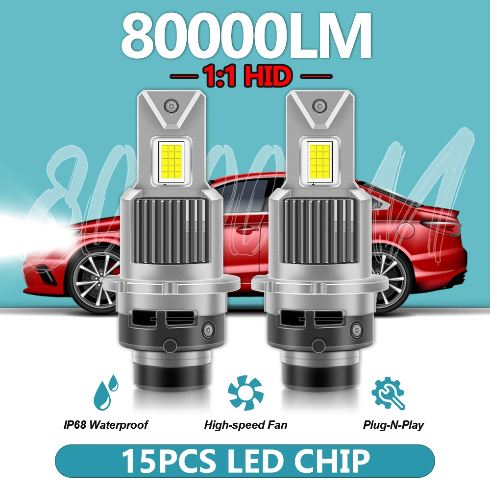 

80000LM D4S D2S Canbus LED Headlight D4R D2R Xenon Lamps Bulbs 6000K White Plug and Play Replacement HID Xenon Light With Fan