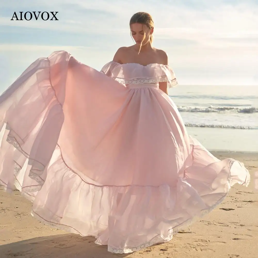 

AIOVOX розовое платье принцессы для выпускного вечера, простое кружевное шифоновое платье-трапеция с вырезом лодочкой, вечернее платье до пола, платье с открытыми плечами