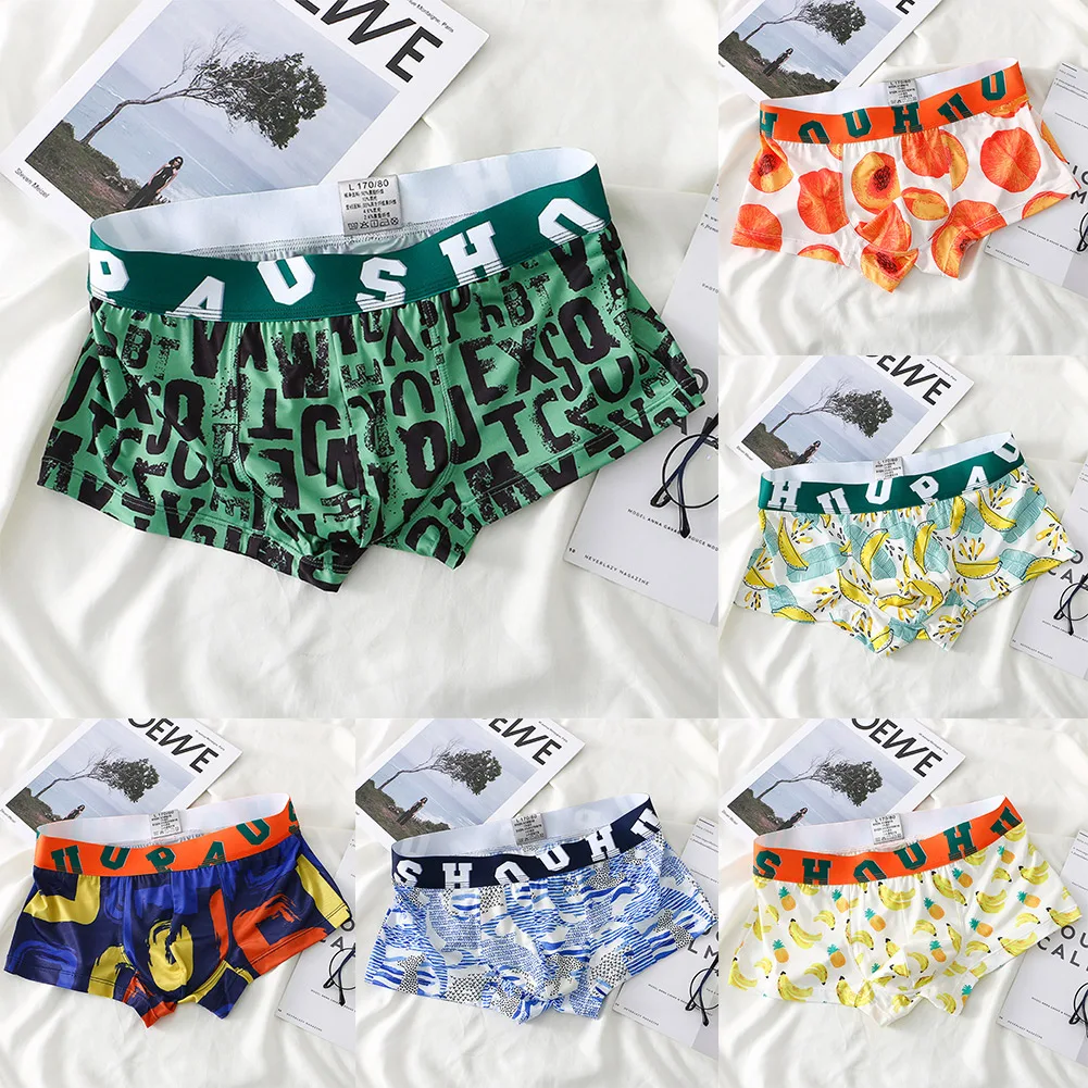 

Summer Mens Ice Silk Boxers Printed Seamless Underpants Elasticity Low Waist Swim Shorts Panties Breathable Casual Homewear