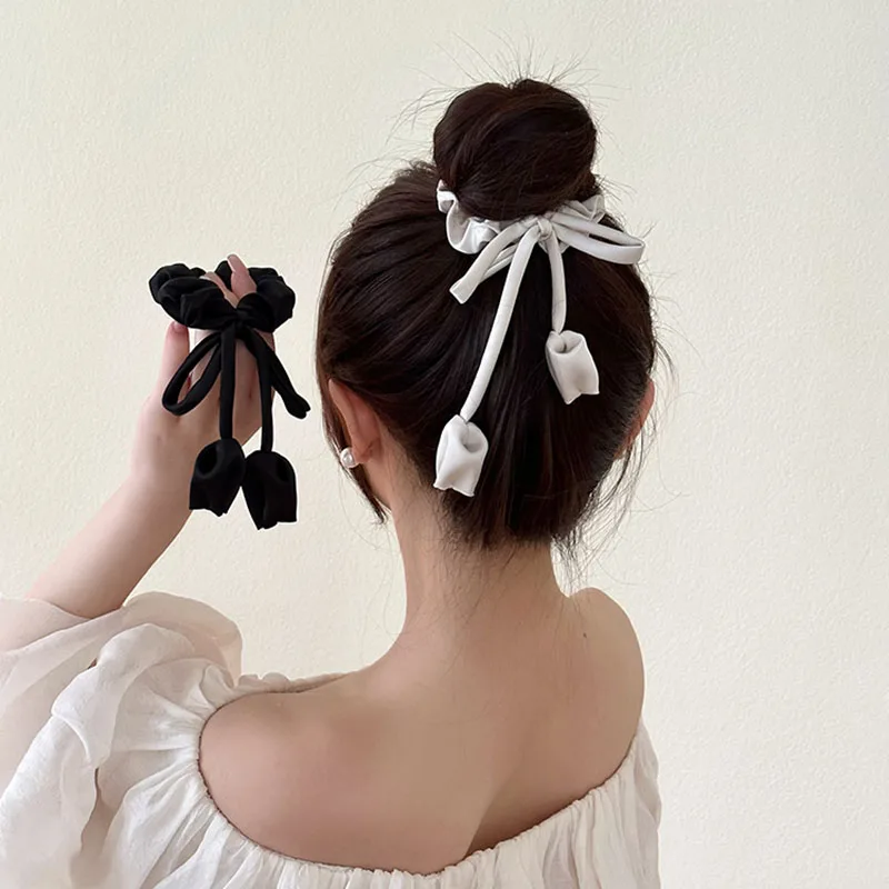 

New Black White Bow knot Tassels Hair Scrunchie Simple Women Girls Ponytail Large Intestine Hair Ring Headwear Hair Accessories