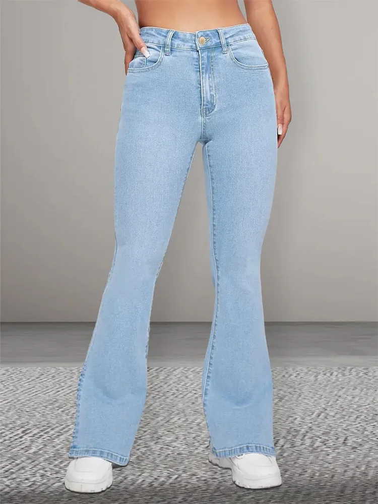 

2024 элегантные женские расклешенные эластичные джинсы стрейч с высокой талией Женские однотонные джинсовые брюки с эффектом усов женские джинсы для мам