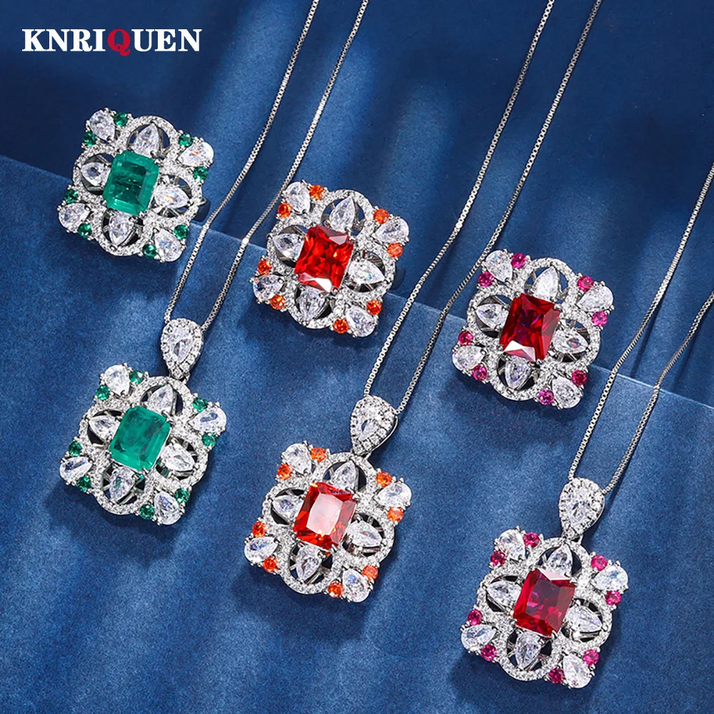 

Charms 8*10mm Emerald Ruby Gemstone Pendant Necklace Ring Jewelry Sets for Women Lab Diamond Wedding Party Jewel Gift Wholesale