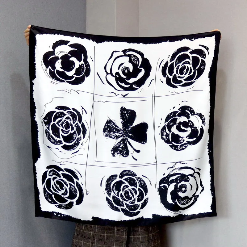 

High-end Elegant Women Exquisite Black and White Camellia Print Quality 14MM Twill Silk Hand-rolled Edge Square Scarf Shawl