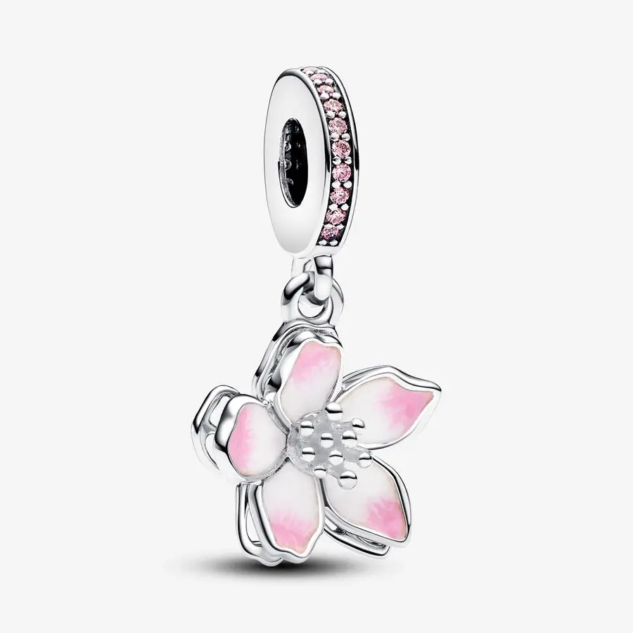 

2024 New 925 Silver Cherry Blossom Dangle Charm Fit Original Pandora Bracelet Necklace Pendant DIY Jewelry