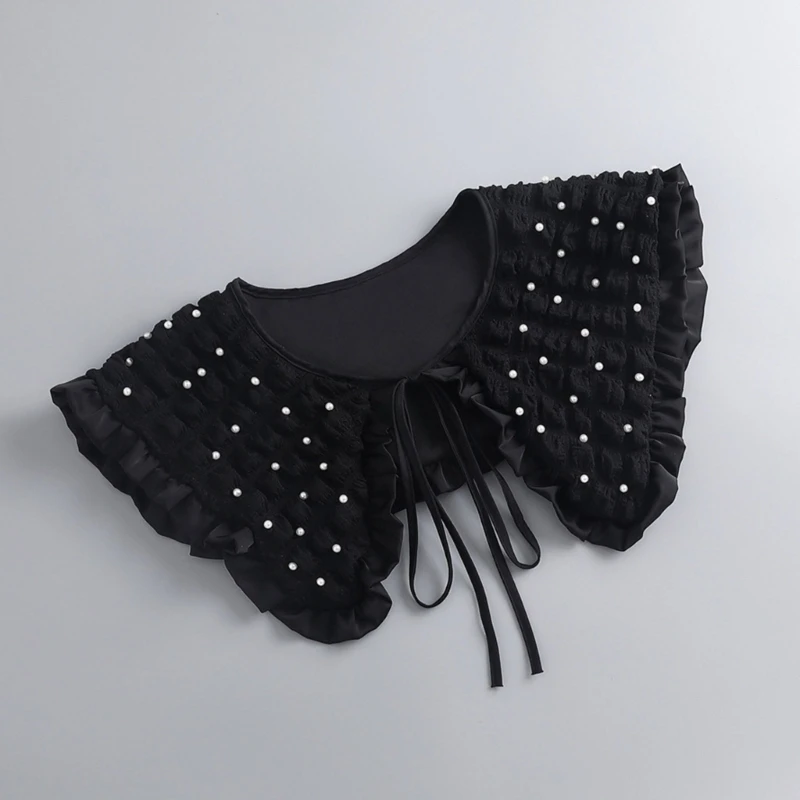 

Ruffled Collar Girls Frilled Clothes Accessiory Decorative Half Shirt Collar with Pearls Traditional Large Lapel Shawl