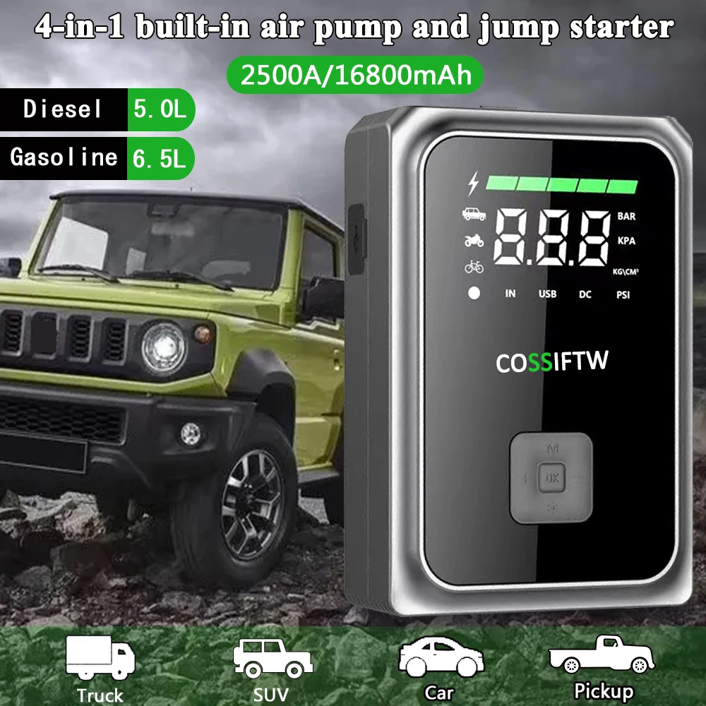 Jump Starter Truck 4-in-l Built-in Air Pump Power Bank 12V Automotive Battery Charger 16800mAh Fast Charge Car Tyre Inflator
Jump Starter Truck 4-in-l Built-in Air Pump Power Bank 12V Automotive Battery Charger 16800mAh Fast Charge Car Tyre Inflator