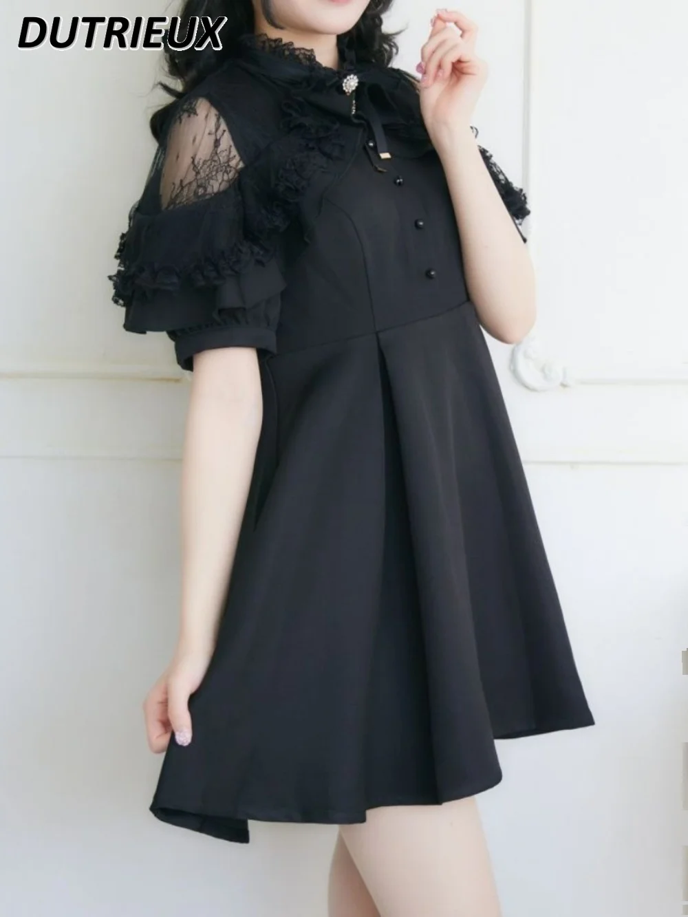 

Lace Round Neck See-through Shoulder Ruffled Bow Dress Summer Lolita New Stand Collar Sweet Cute Girl Waist Short Dresses