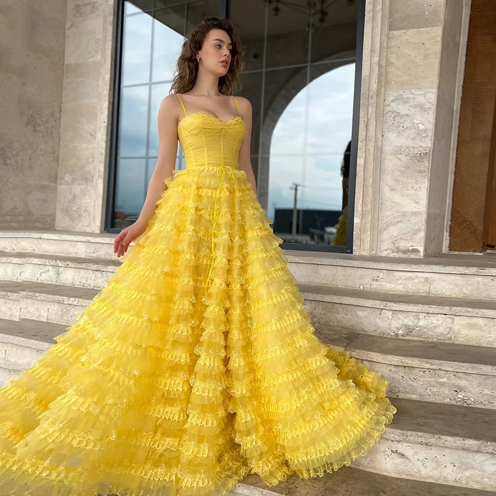 Yellow Prom Gown A-Line Sweetheart Spaghetti Strap Long Evening Dresses Backless Tiered Lace Tulle Sweep Trian Party Dress
Yellow Prom Gown A-Line Sweetheart Spaghetti Strap Long Evening Dresses Backless Tiered Lace Tulle Sweep Trian Party Dress