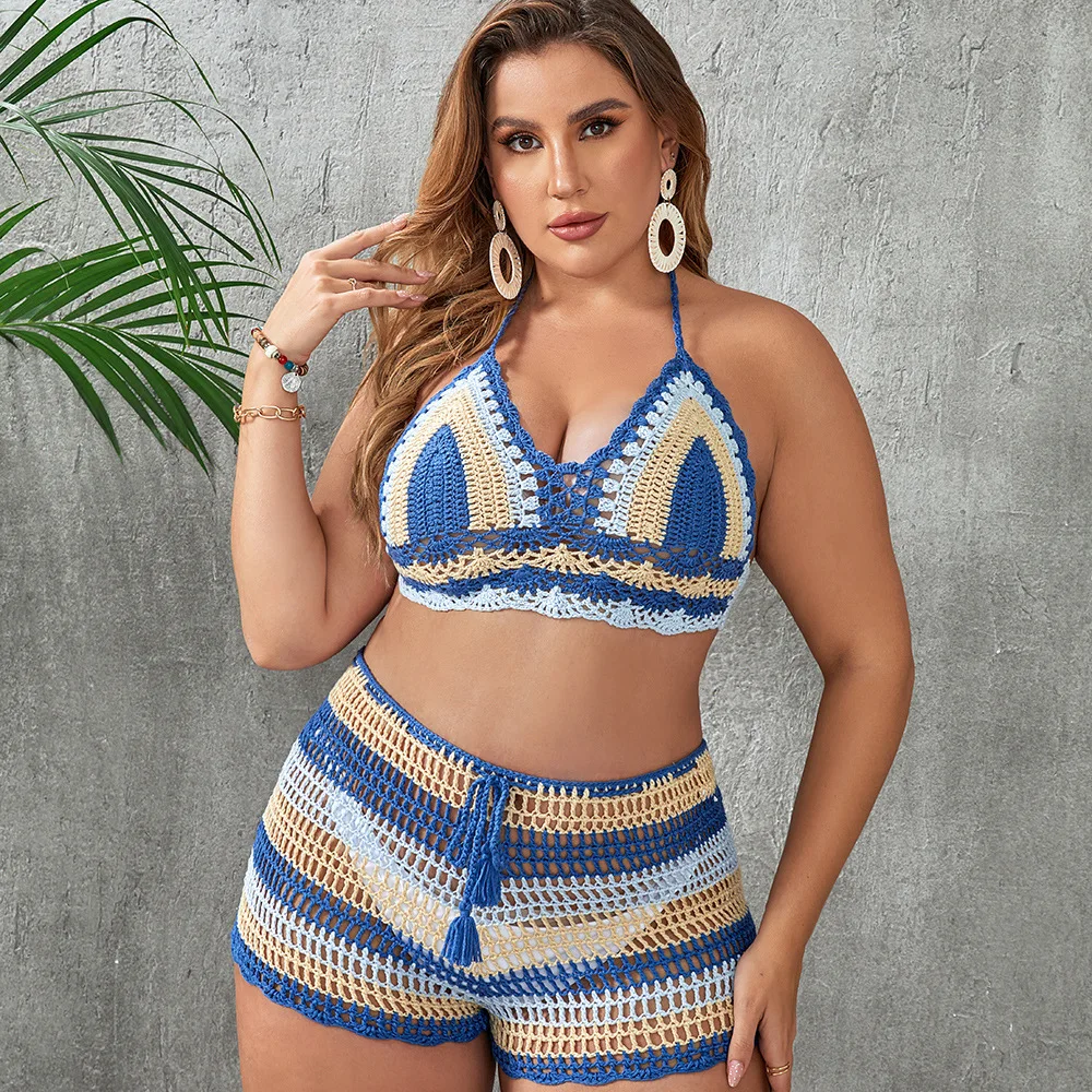 

European and American Best-selling Plus Size Handmade Crochet Hollow Strap Split Swimsuit Set, Hot Spring Vacation Good Item