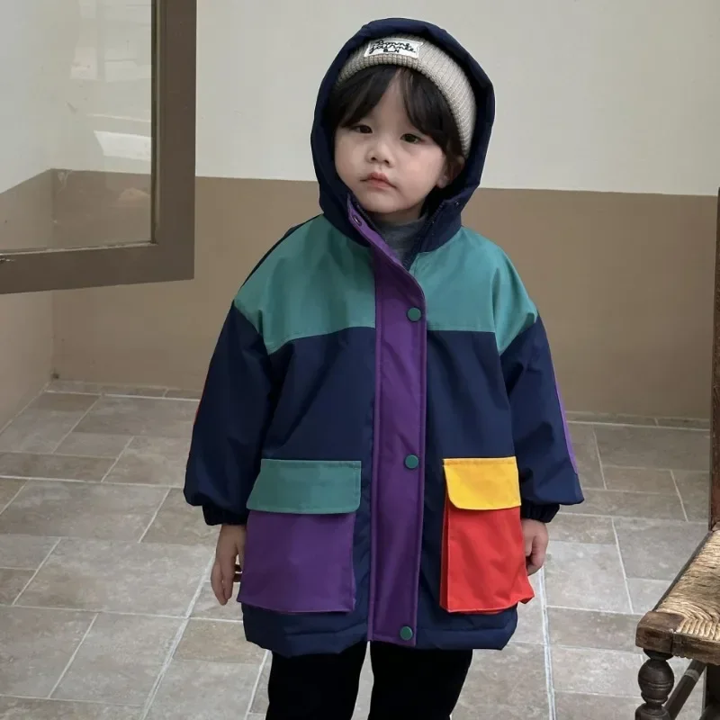 

ZHIO 2023 Winter Kids Quilted hooded Coats contrast color patchwork Boys Parkas Fur Lining thicken Loose jacket