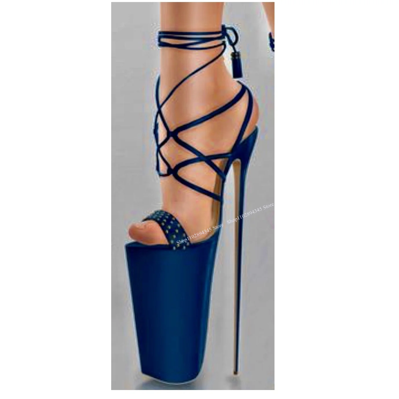 

Blue Lace Up Tassels Platform Sandals Thin High Heel Peep Toe Fashionable Sexy Cool Summer Big Size Woman Shoes Zapatillas Mujer