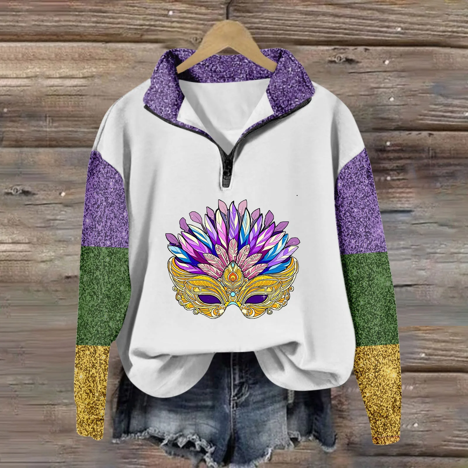 Women Mardi Print Long Sleeve Sweatshirt Casual Sweatshirt Hoodie Printed Lapel Half Zip Up Jacket Women Loose Sweatshirts Women
Women Mardi Print Long Sleeve Sweatshirt Casual Sweatshirt Hoodie Printed Lapel Half Zip Up Jacket Women Loose Sweatshirts Women