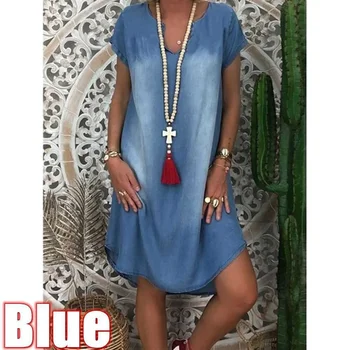 Vista descolada e confortável com o vestido jeans feminino S-5XL da SELAITAILYE 14 Denim Dress S-5xl Women's NEW Fashion Casual Solid Sexy V Neck Long Party Loose платье Short Sleeve Swing Summer Dress