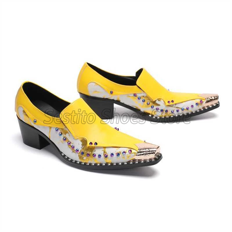 Yellow Genuine Leather Men Shoes Metal Pointed Toe Rivet High Heel Casual Business Shoes Fashion Mixed Colors Party Dress Shoes
Yellow Genuine Leather Men Shoes Metal Pointed Toe Rivet High Heel Casual Business Shoes Fashion Mixed Colors Party Dress Shoes