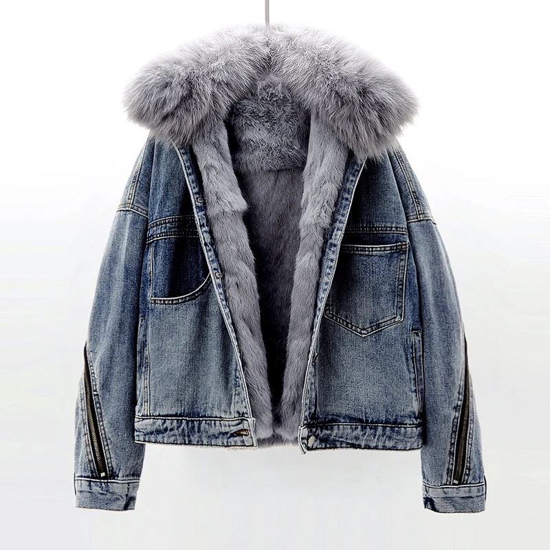 

Fox Fur Collar Rabbit Fur Liner Denim Jacket Women Loose Back Zipper Cowboy Outerwear Winter Thick Warm Jeans Jacket Coat Female