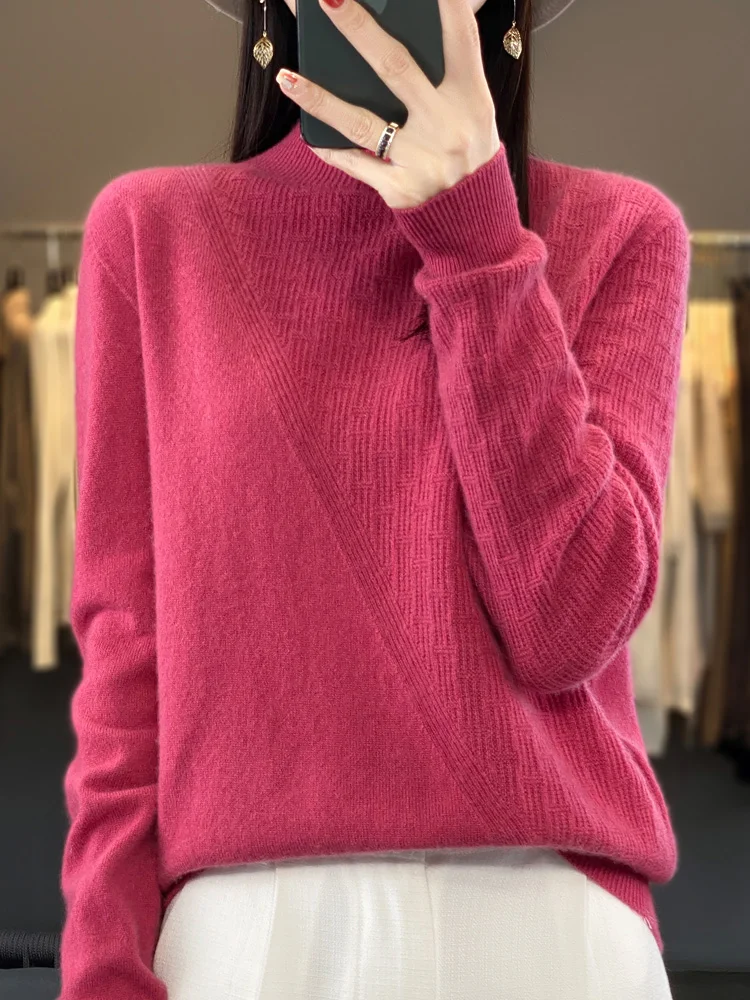

Addonee Women Sweater Mock Neck Autumn Winter Long Sleeve Pullover 100% Merino Wool Basic Solid Cashmere Knitwear Female Clothes