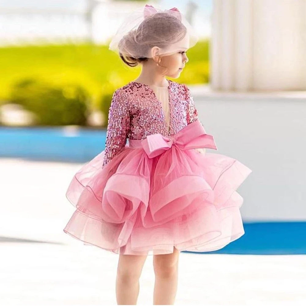 

New Pink Flower Girls Dresses for Kids Tutu V Neck Full Skeeve Christmas Gowns with Sequined 2024 Summer Bow فلور فتاة اللباس
