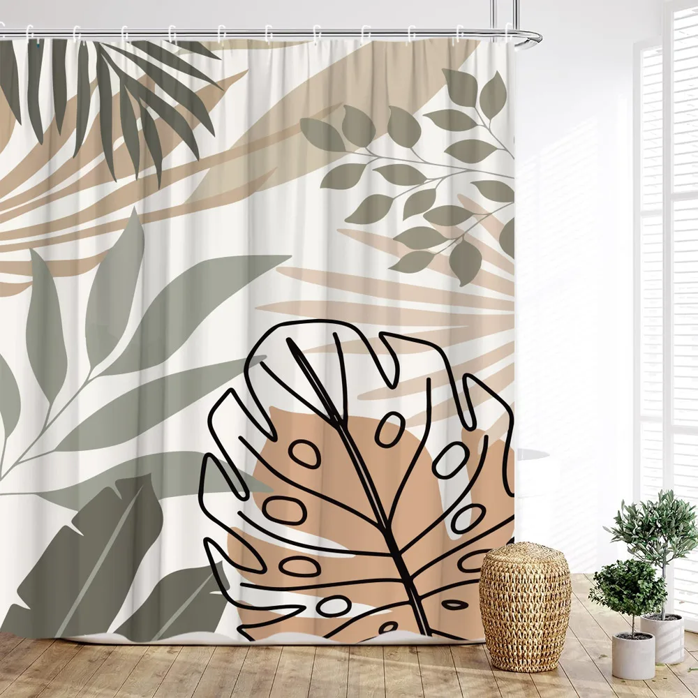 

Leaf Shower Curtain, Palm Leaf Greenery Tropical Plants Modern Geometric Vintage Mid-Century Floral Home Bathroom Decoration