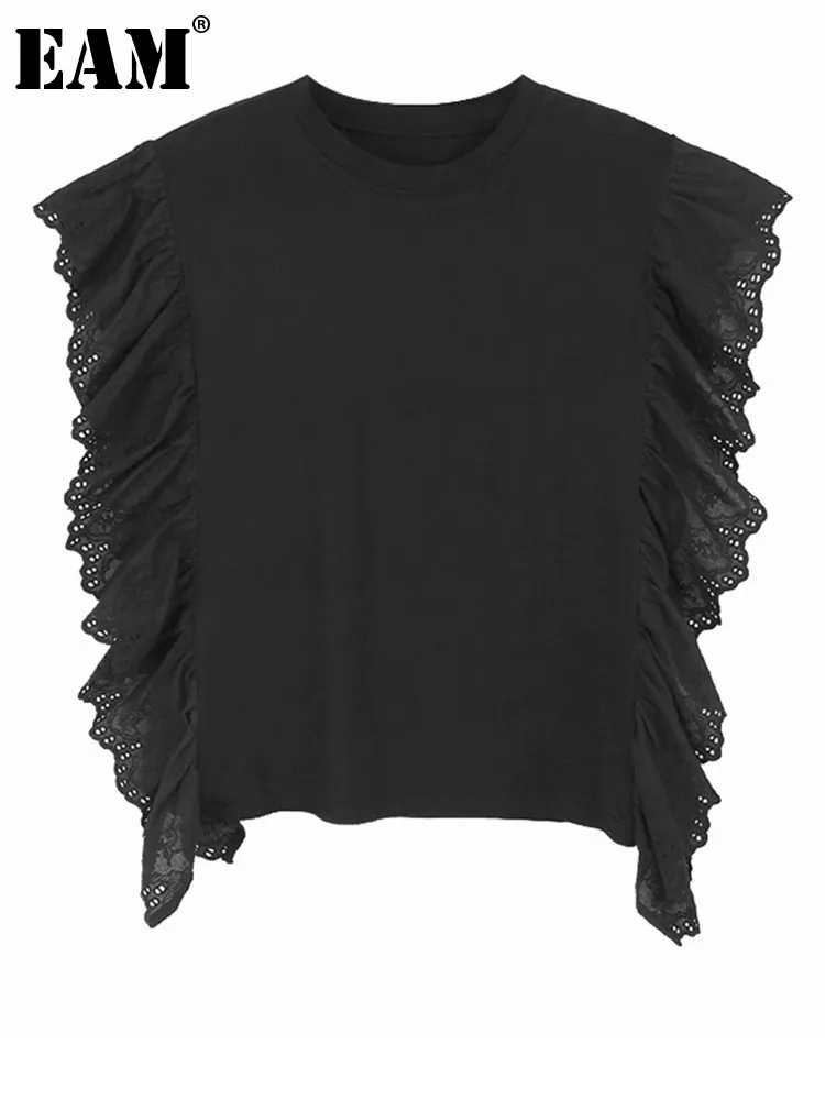 

[EAM] Women Black Ruffles Spliced Big Size Casual T-shirt New Round Neck Short Sleeve Fashion Tide Spring Summer 2024 1DH5010