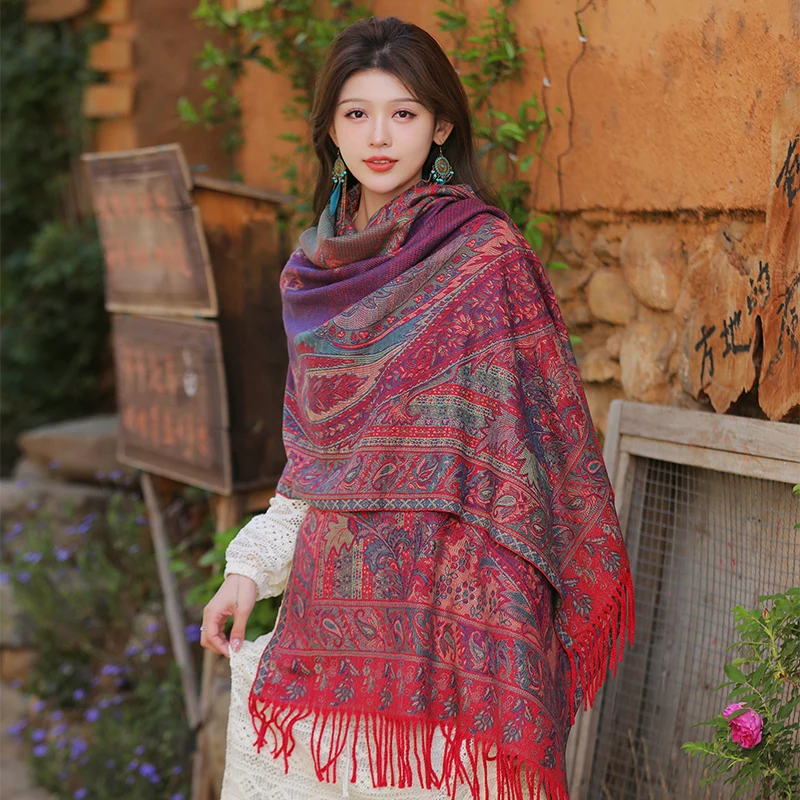 

2023 New Cashmere Cashew Jacquard Scarf Big Shawl For Women Fashion Thick Winter Warm Pashmina Knitted Tassel Blanket Bandana