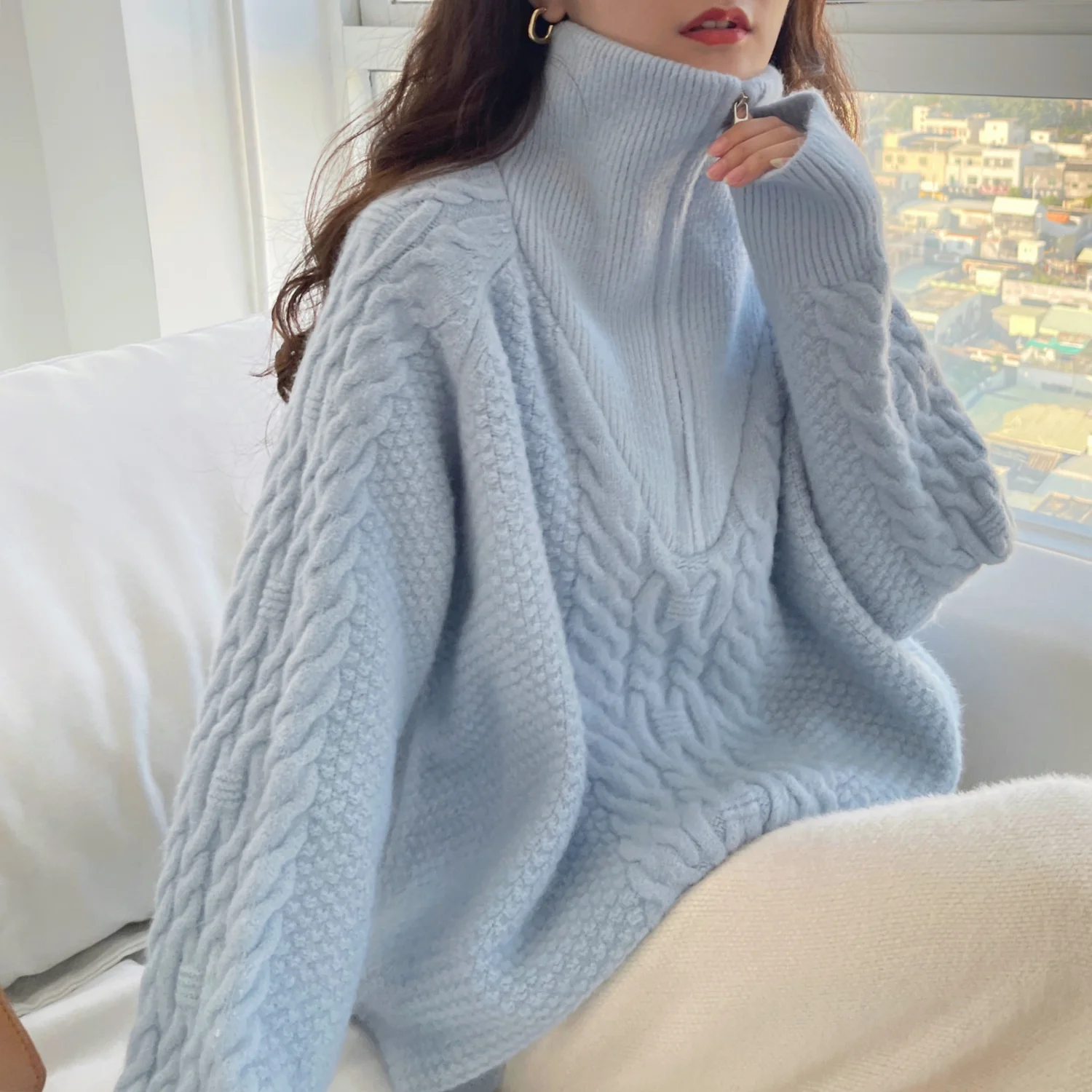 

Zip Knitted Sweaters Women Long Sleeve Solid Loose Pullover Winter Clothes Sweater Fashion 's Turtleneck D137