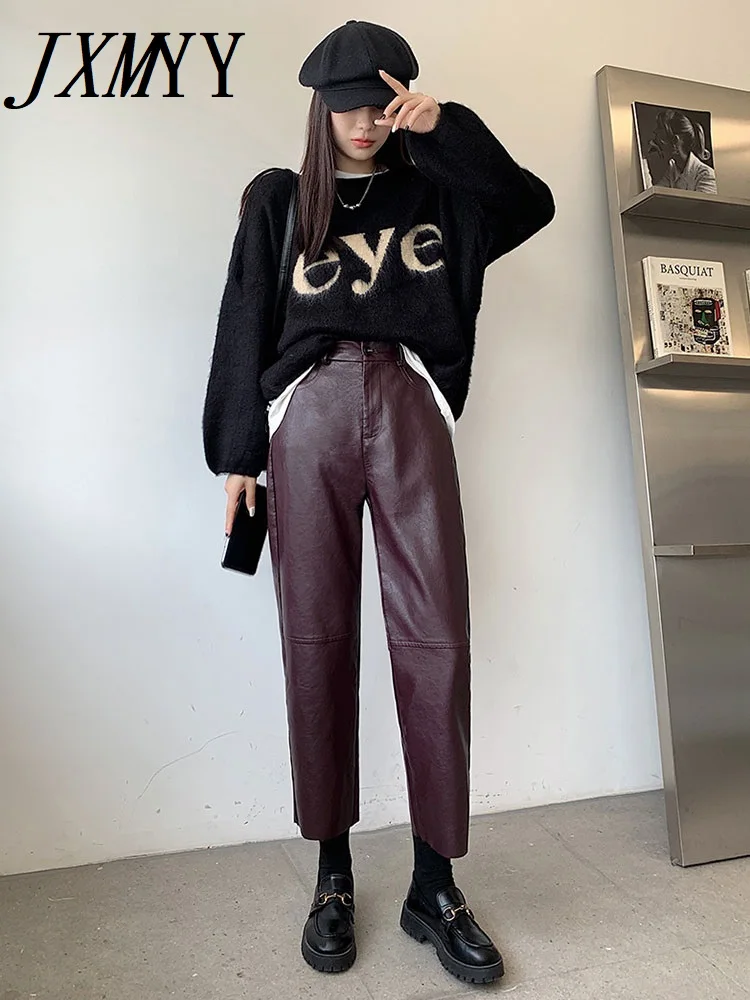 

JXMYY Burgundy Leather Pants Women Wide Leg Trousers Korean Style Y2k Fashion Loose Pants High Waisted Black Pu Baggy Pants