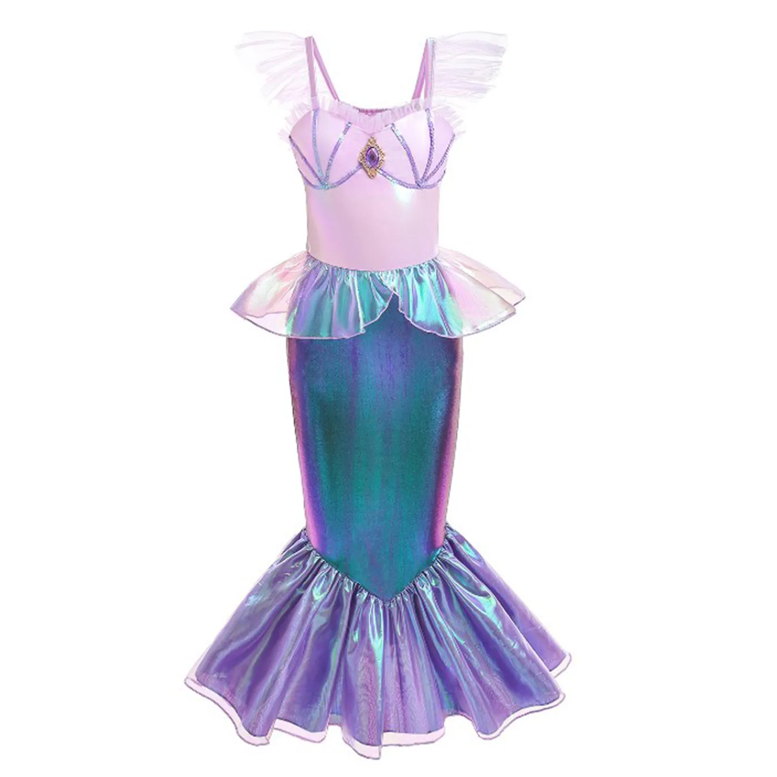 

Kids Girls Pink Mermaid Princess Dress Halloween Birthday Party Cosplay Costume Sleeveless Shiny Metallic Flounce Fishtail Skirt