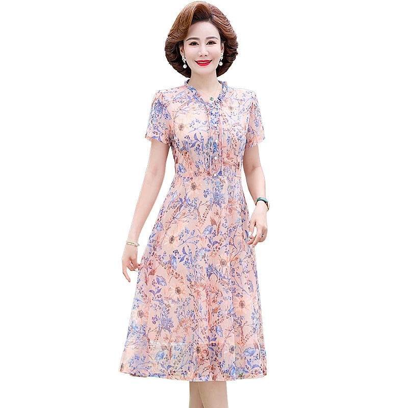 

Elegant O-Neck Spliced Gauze Ruffles Floral Dress 2024 Summer New Oversized Office Lady Midi Dress Women's Clothing