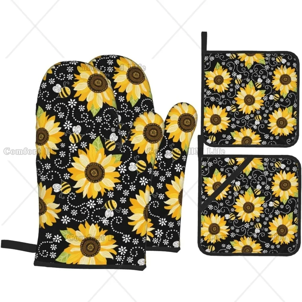 

Sunflower Bees Oven Mitts and Pot Holders Sets of 4 High Heat Resistant Oven Gloves for Kitchen Baking Grilling Non-Slip Mitts