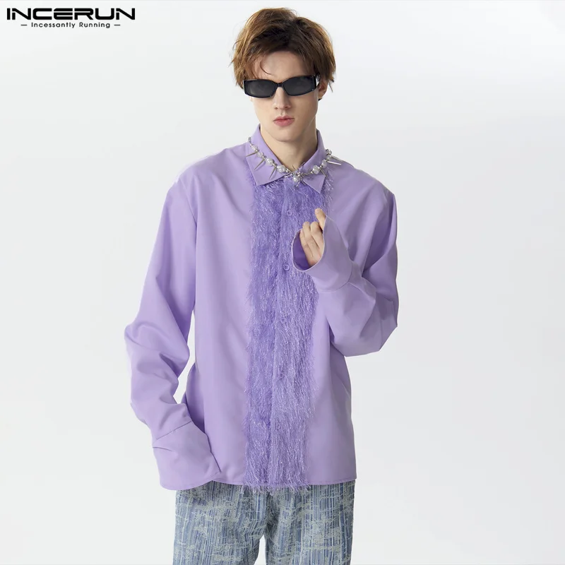 

Рубашка INCERUN мужская с длинным рукавом, Свободная блуза с отложным воротником, с бахромой, в стиле пэчворк, уличная одежда, 2024