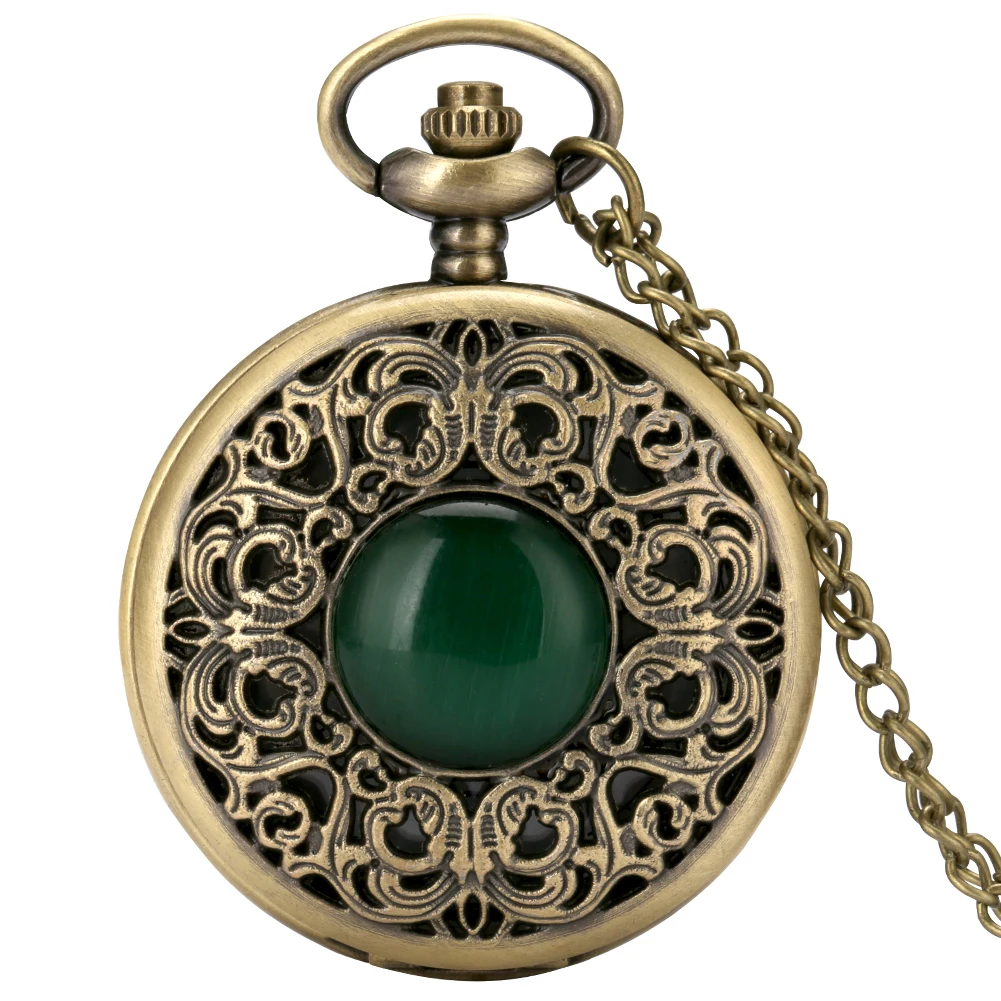 

Elegant Bronze Green Stone Decor Quartz Analog Necklace Watch Arabic Numerals White Dial Pendant Pocket Clock Men Women Gift