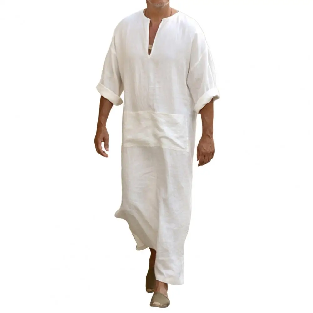 Men Gown V-Neck Half Sleeves Large Pocket Pullover Male Long Robe Shirt Baggy Dress Clothing
Men Gown V-Neck Half Sleeves Large Pocket Pullover Male Long Robe Shirt Baggy Dress Clothing