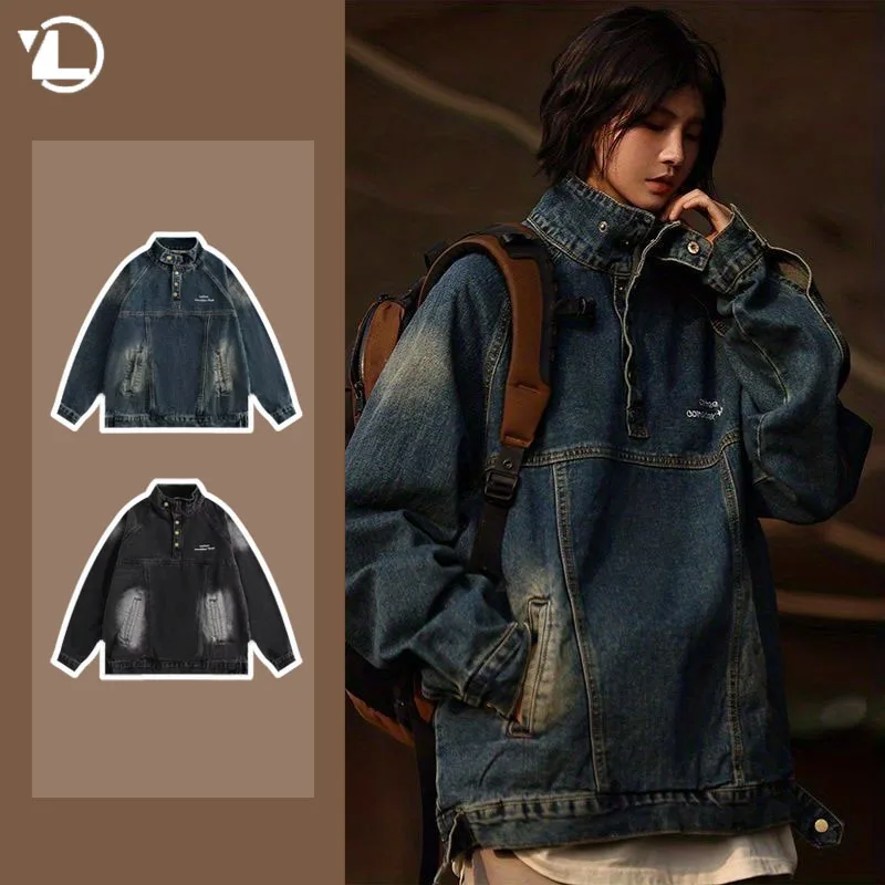 

Half High Necked Denim Jacket Men Autumn Japanese Street Retro Letter Embroidery Pullover Wash Loose Couple Cowboy Tooling Top
